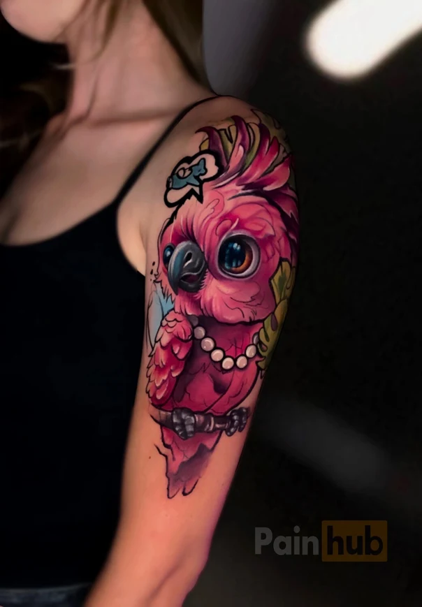 Illustrative Bird, Pearls tattoo on Upper Arm