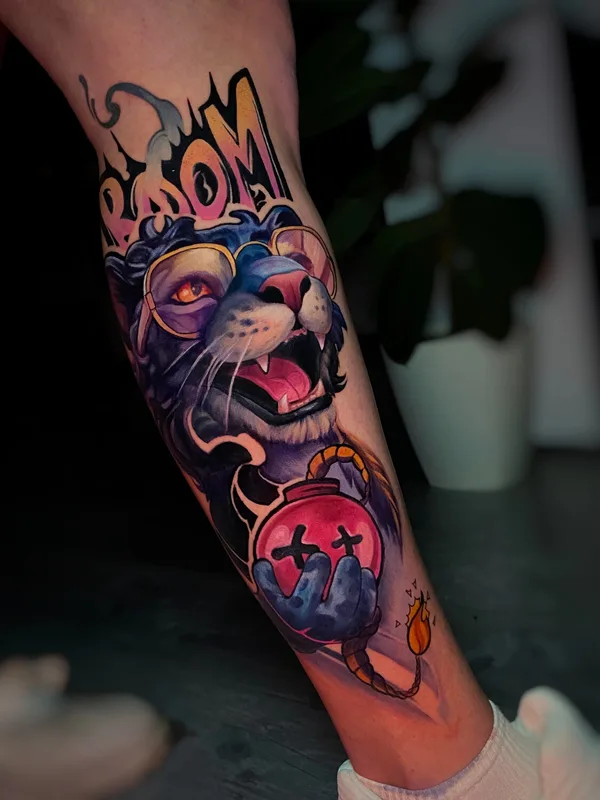 female color newschool tatuaje en shin #93512 | Tatuador Юлия Колесникова