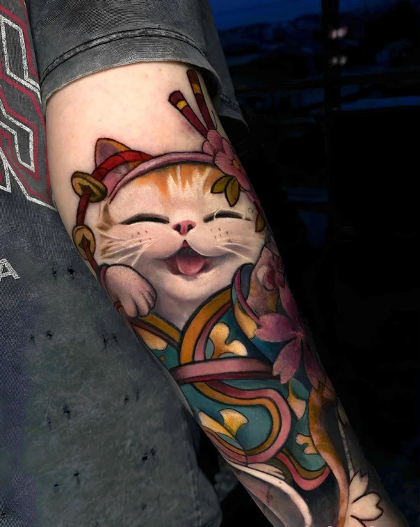 Japanese Cat, Flowers tattoo on Forearm