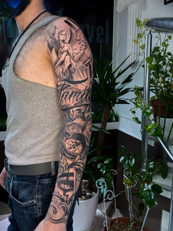 Black & Grey Angel, Compass tattoo on Full Sleeve