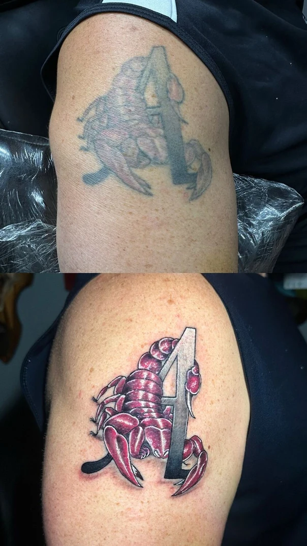 Illustrative Scorpion, Lettering tattoo on Shoulder