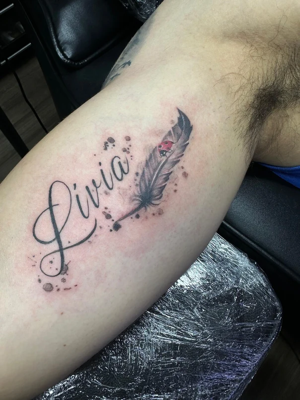 Fineline Feather, Ladybug tattoo on Forearm