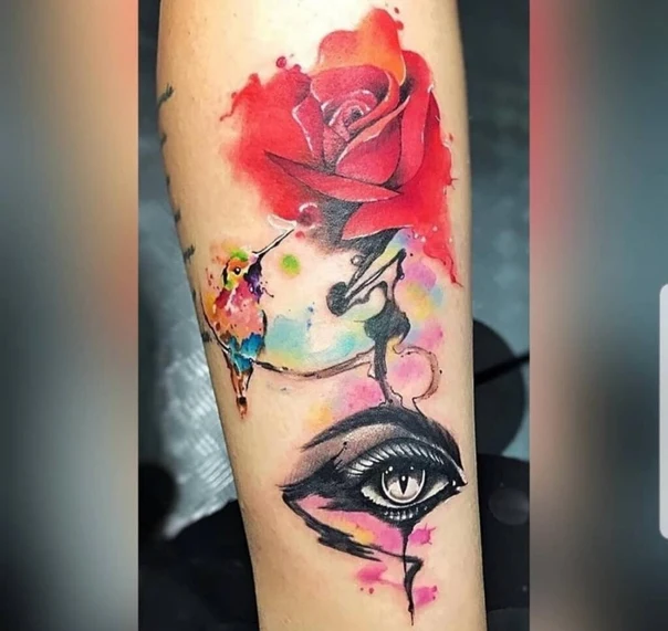 Watercolor Rose, Hummingbird tattoo on Forearm