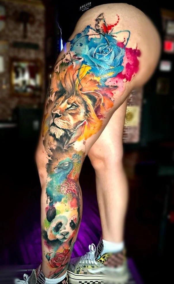 Watercolor Lion, Rose tattoo on Full Leg