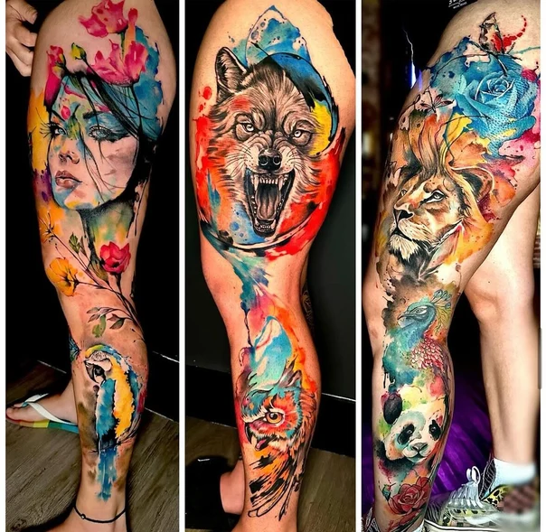 Watercolor Wolf, Lion tattoo on Full leg