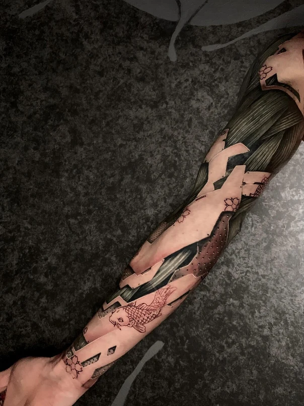 Биомеханика Koi fish, Cherry blossom tattoo на Полный рукав