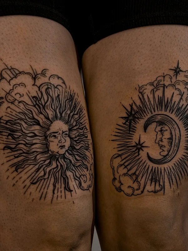 black linework tatouage sur thigh #94013 | Artiste tatoueur Юлия Руста 
