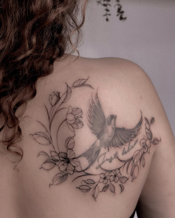 Fineline Bird, Floral tattoo on Shoulder Blade