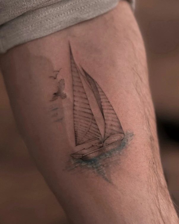 Fineline Sailboat, Birds tattoo on Forearm