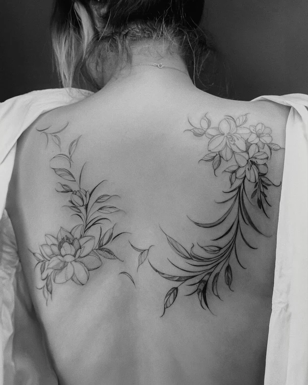 Fineline Flowers, Leaves tattoo on Upper Back