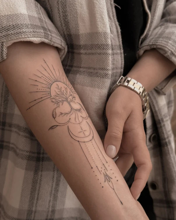 Fineline Sun, Moon tattoo on Forearm
