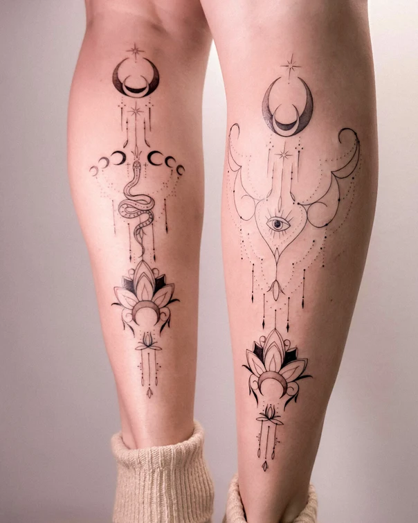 Linework Moon, Snake tattoo on Calf