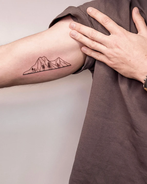 Linework Mountain, Trees tattoo on Forearm