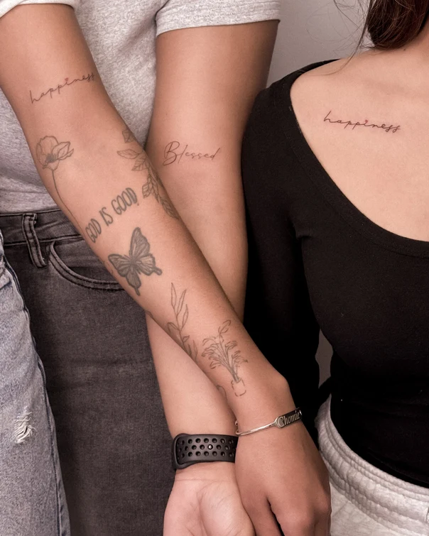 Fineline Lettering, Butterfly tattoo on Forearm