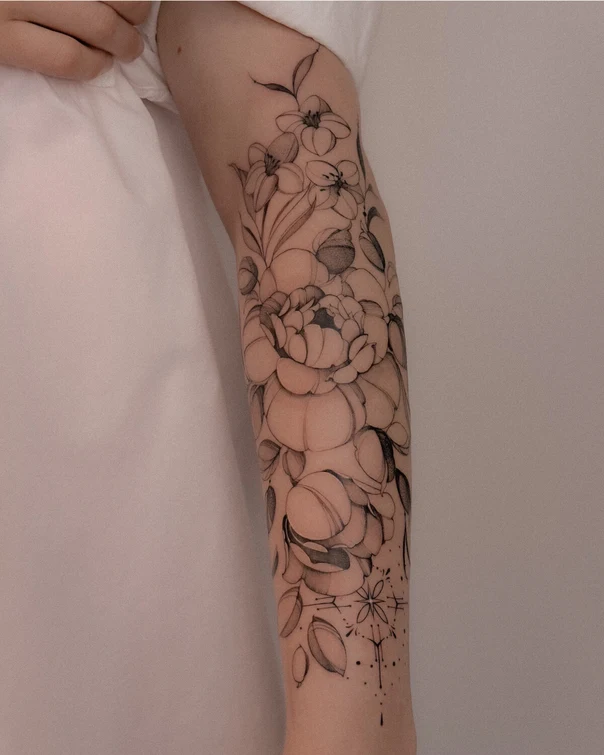 Fineline Flowers, Leaves tattoo on Forearm