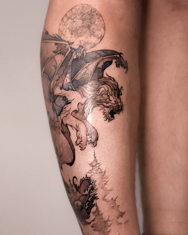 Illustrative Dragon, Moon tattoo on Calf