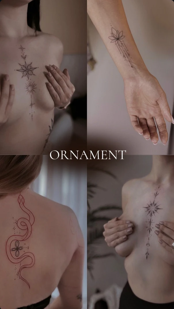 Fineline Star, Lotus tattoo on Chest