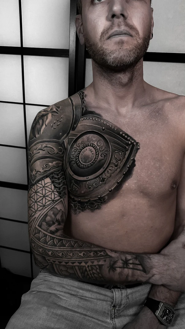 Realism Armor, Geometric tattoo on Chest
