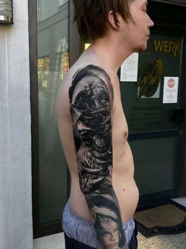 male black and grey black and grey tattoo on full sleeve #94502 | Tattoo Artist Sergey GAS