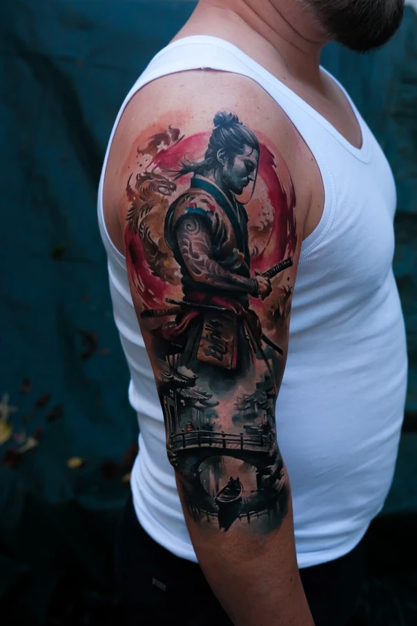 Japanese Samurai, Dragon tattoo on Full Sleeve