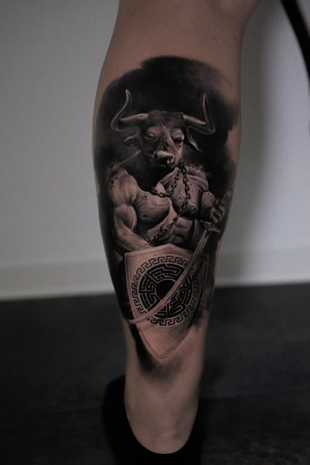 Realism Minotaur, Shield tattoo on Calf