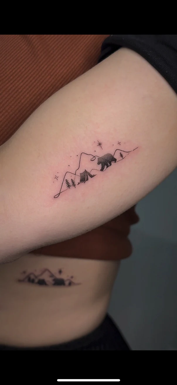 Linework Mountain, Bear tattoo on Forearm