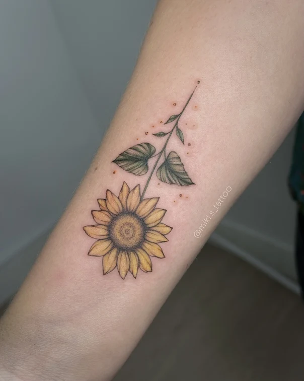 Botanic Sunflower, Leaves tattoo on Forearm