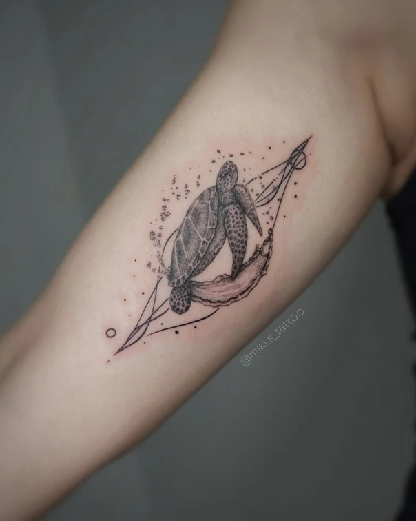 Fineline Turtle, Ocean tattoo on Forearm