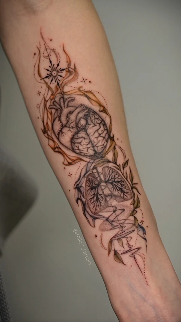 Illustrative Anatomical heart, Lungs tattoo on Forearm