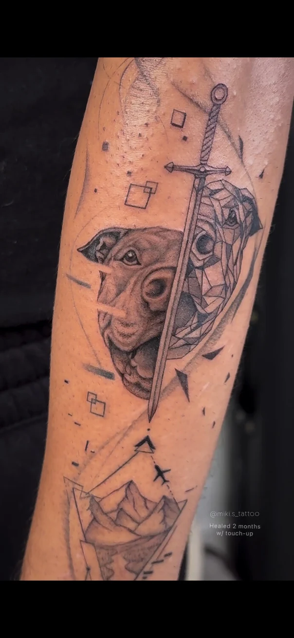 Geometric Dog, Sword tattoo on Forearm