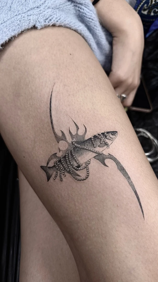 Blackwork Fish, Ornamental tattoo on Thigh