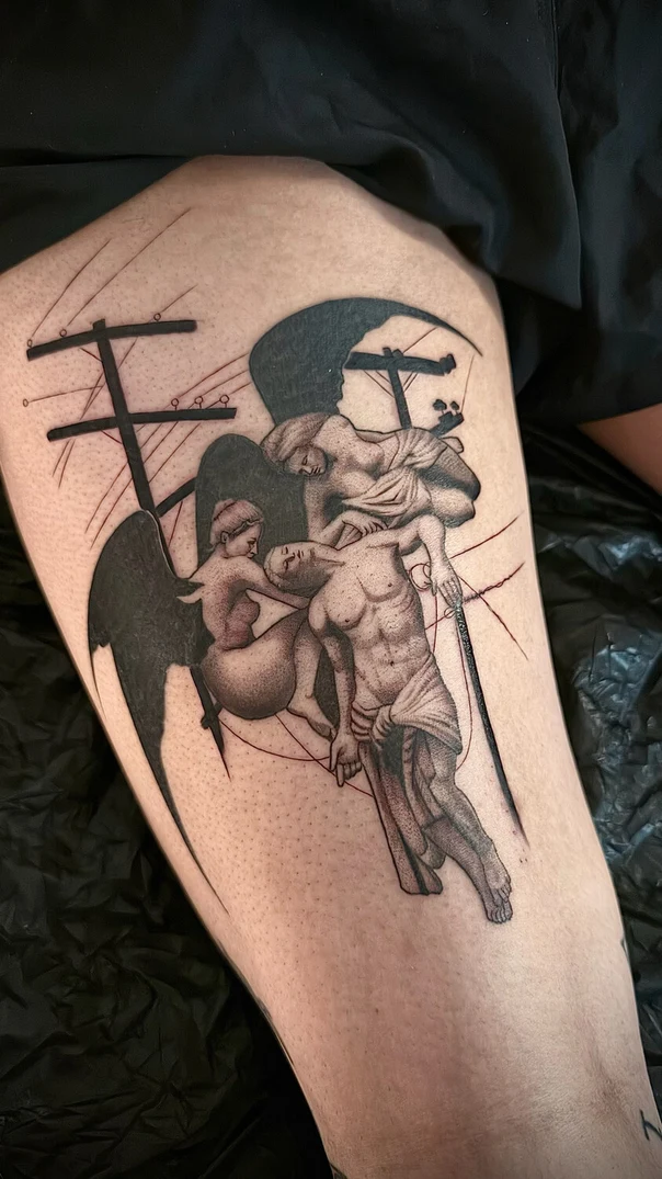 Black & Grey Angel, Figure tattoo on Thigh
