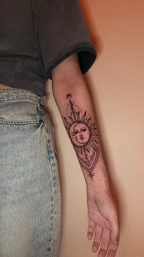 Linework Sun, Moon tattoo on Forearm