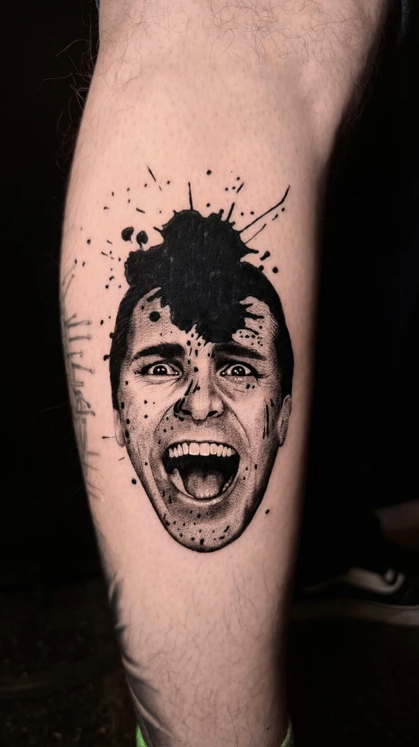 Blackwork Portrait, Splatter tattoo on Calf