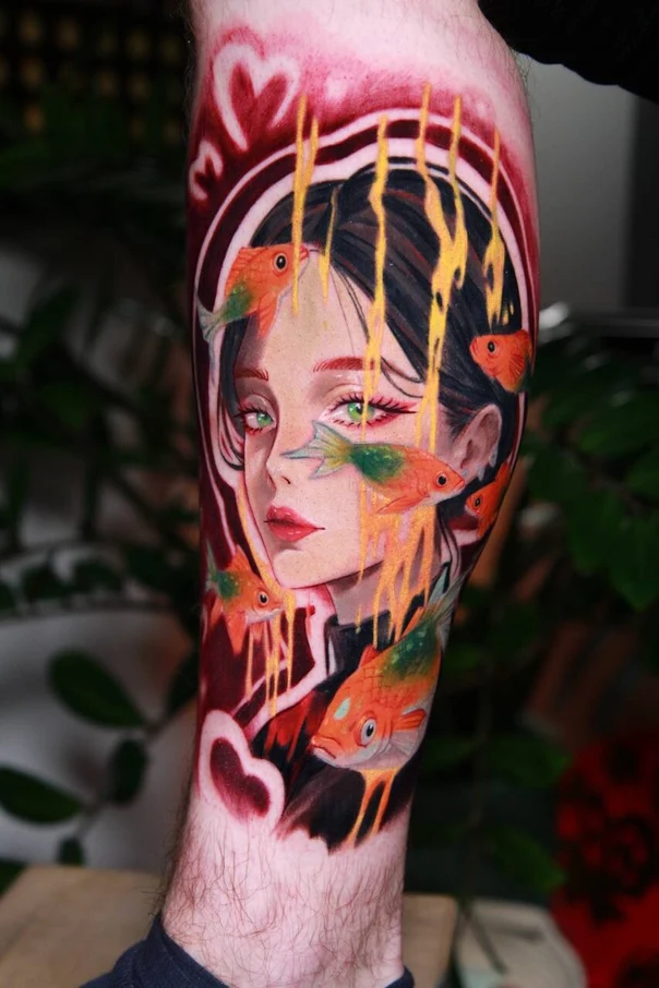 Иллюстративная Fish, Portrait tattoo на Предплечье