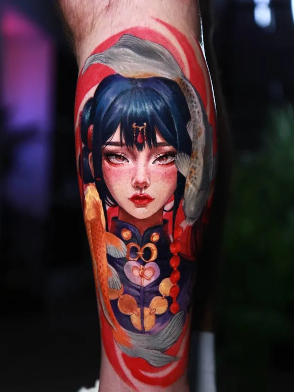 female color illustrative tattoo on calf #95027 | Tattoo Artist Elizaveta Me.lissa.tattoo