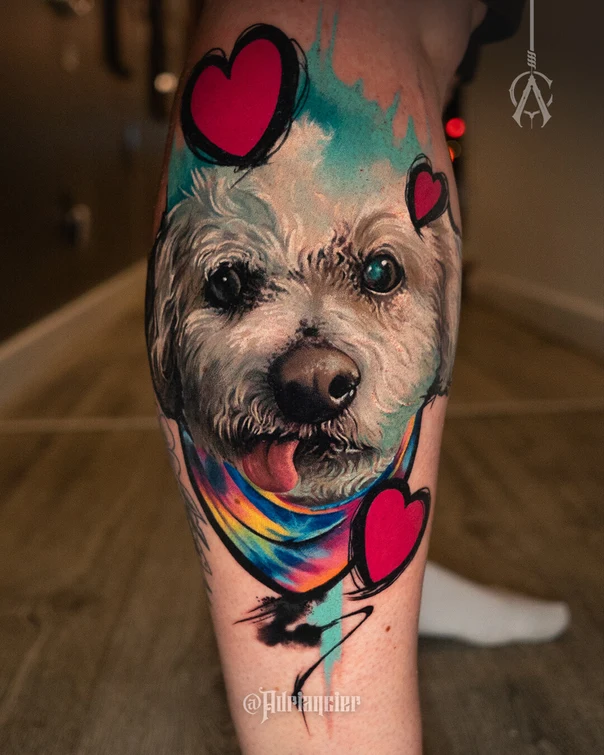 Realism Dog, Heart tattoo on Calf