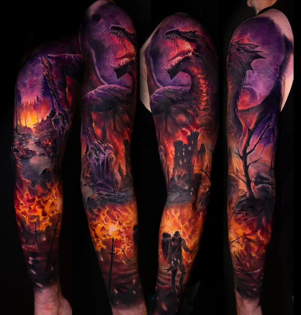 Realism Dragon, Castle tattoo on Full Sleeve