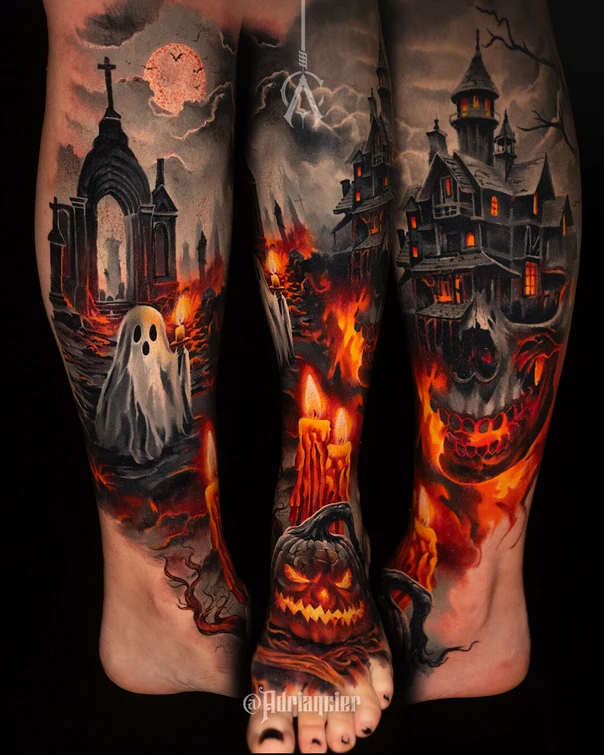 Realism Ghost, Haunted house tattoo on Full Leg