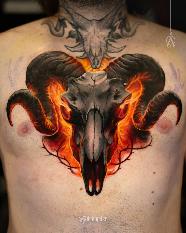 Realism Skull, Horns tattoo on Chest
