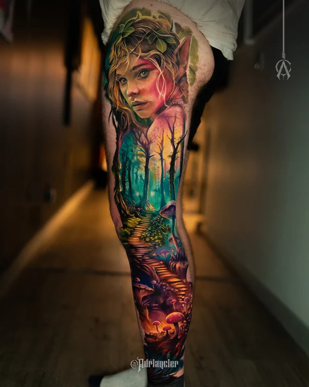 Realism Elf, Forest tattoo on Full leg