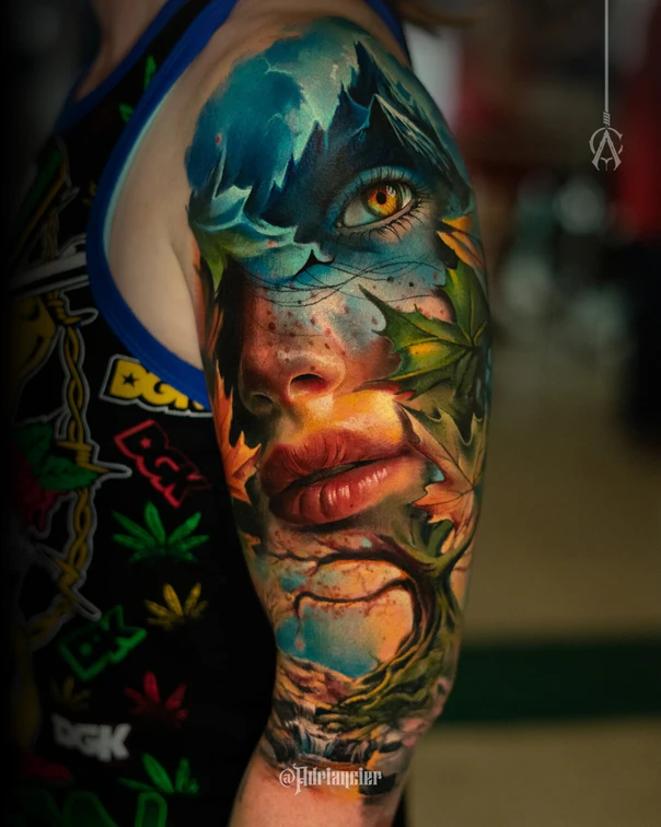 Realism Face, Leaves tattoo on Full Sleeve