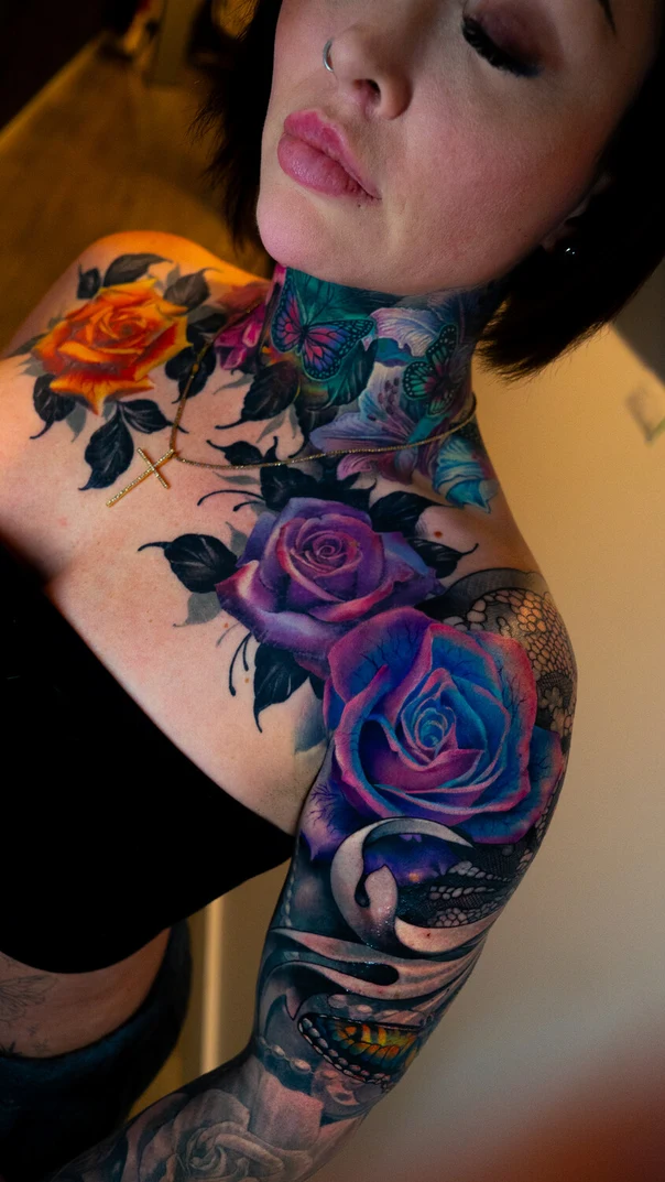 Realism Roses, Butterflies tattoo on Chest