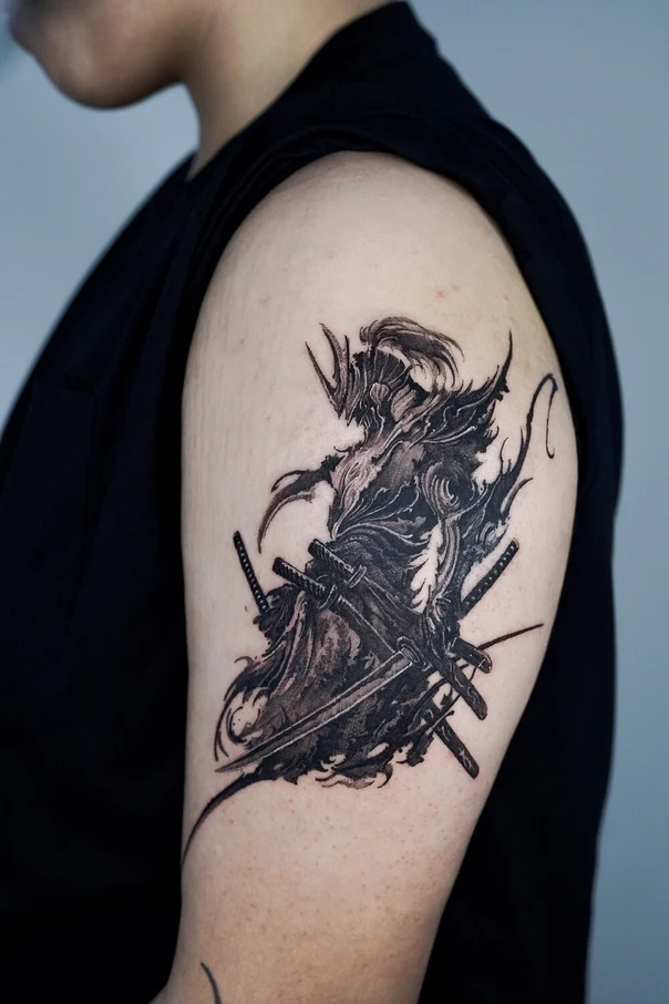 Blackwork Samurai, Swords tattoo on Upper Arm