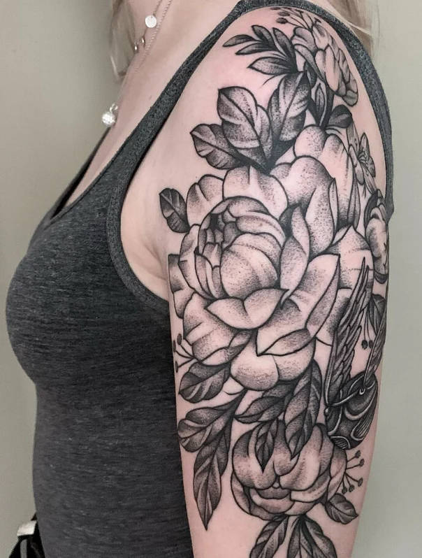 Black & Grey Flowers, Leaves tattoo on Upper Arm