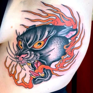 Neo Traditional Panther, Fire tattoo on Side