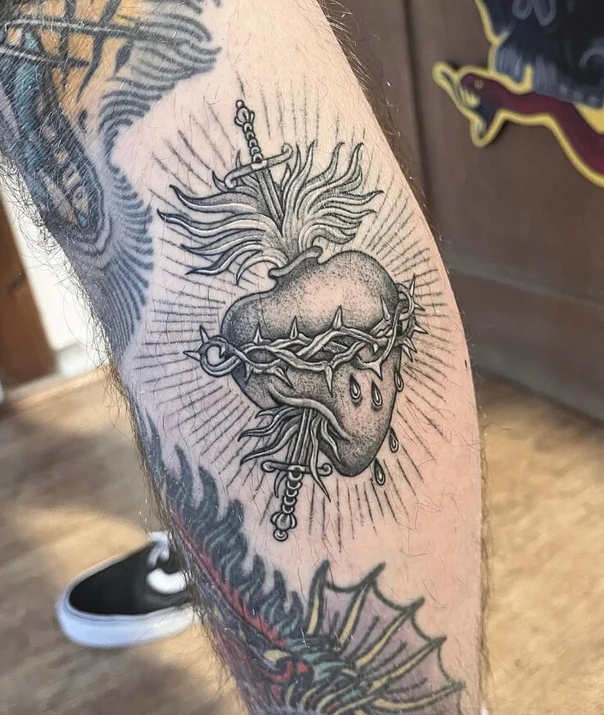 Blackwork Heart, Sword tattoo on Calf