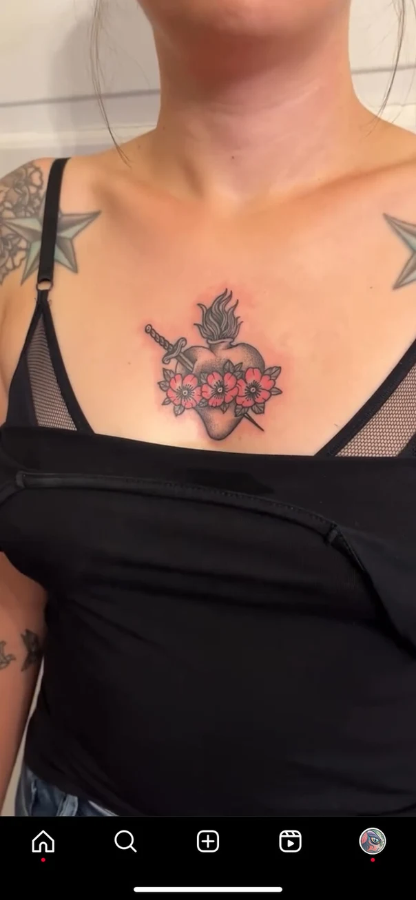 Neo-traditional Heart, Flowers tattoo on Chest