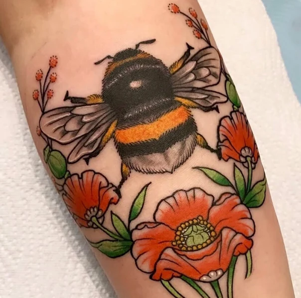 Illustrative Bee, Flowers tattoo on Forearm