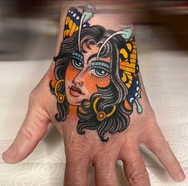 Neo-traditional Butterfly, Portrait tattoo on Hand